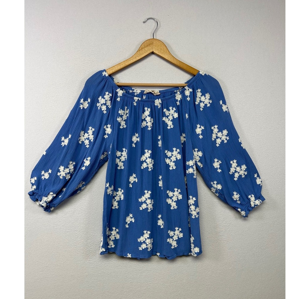 Boho Cottagecore Soft Surroundings Womens Medium Blue Floral Embroidered Blouse